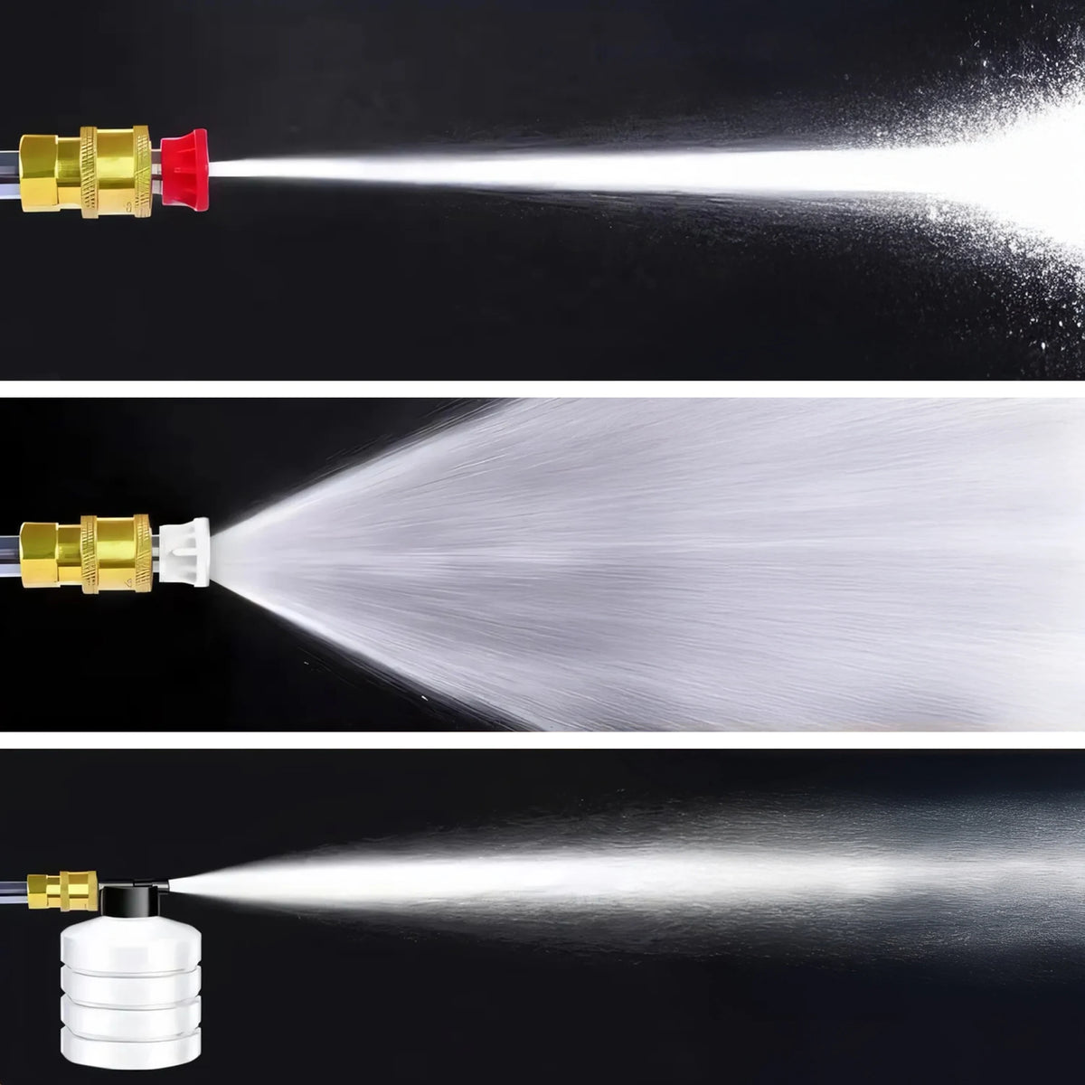 Cordless pressure washer nozzle detail, gold and white spray patterns