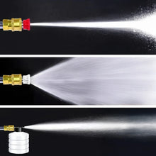 Cordless pressure washer nozzle detail, gold and white spray patterns