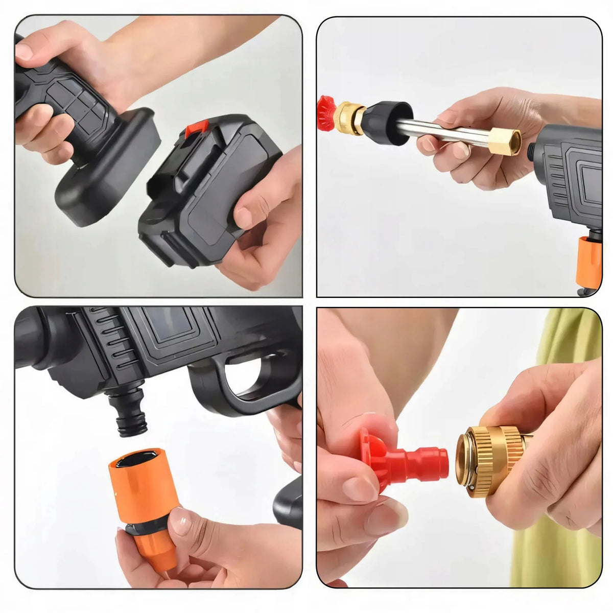 Cordless pressure washer attachments, various connectors for handheld use