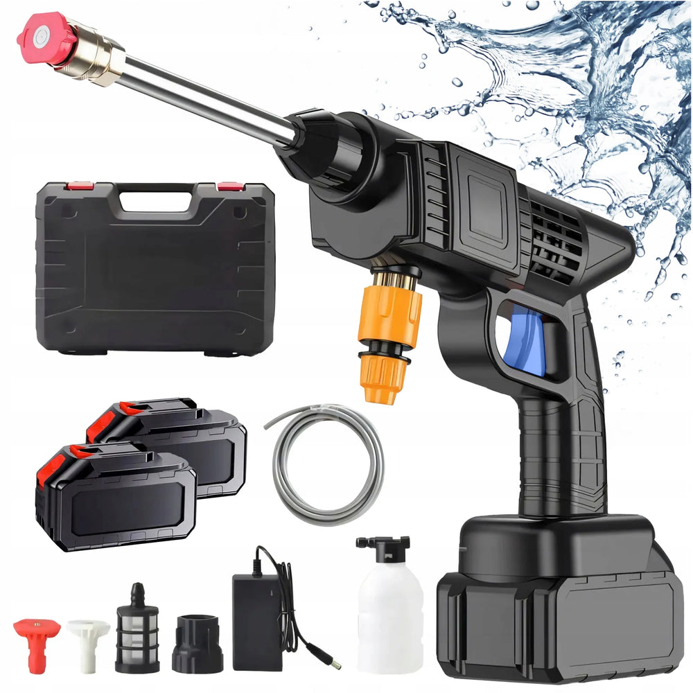 Cordless pressure washer detail, black orange blue adjustable nozzle