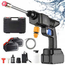 Cordless pressure washer detail, black orange blue adjustable nozzle