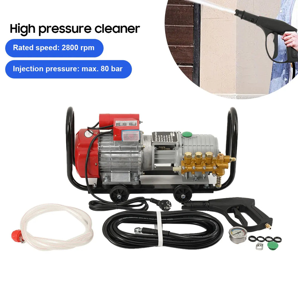 High pressure cleaner with spray gun and hose, front view