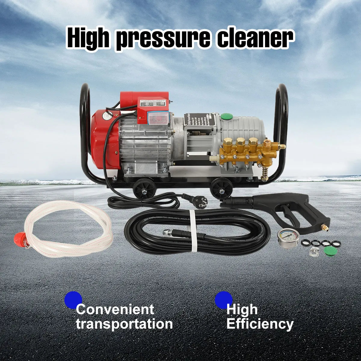 High pressure cleaner side view with wheels for mobility