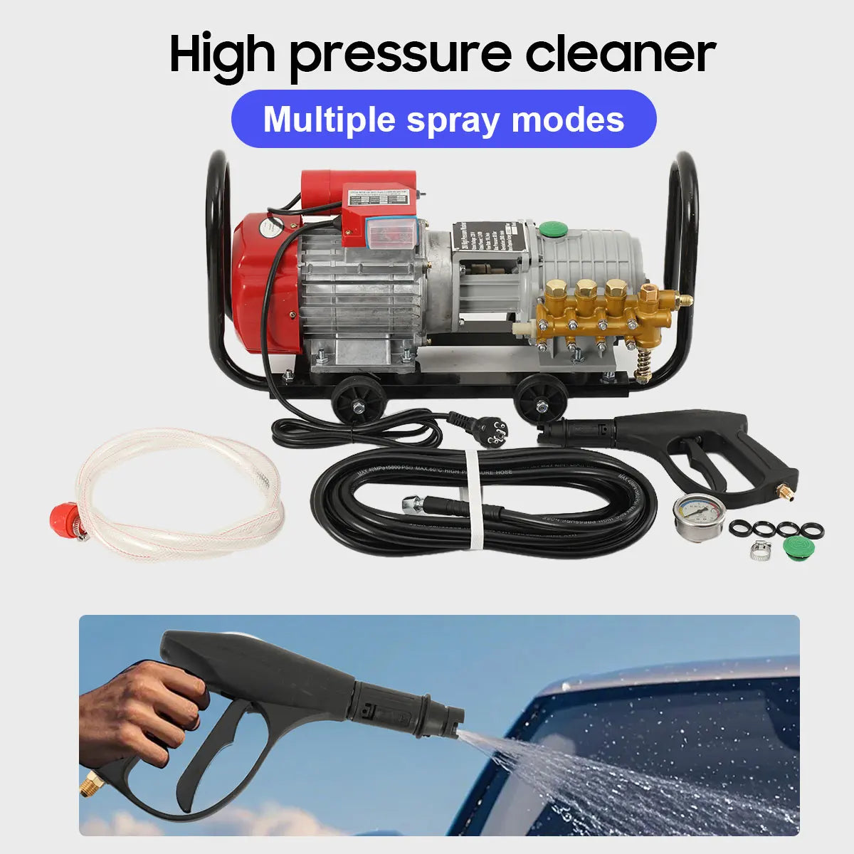High pressure cleaner front view in red, silver and black