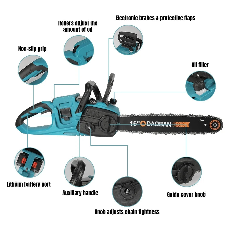 3500W 16 inch cordless chainsaw motor components detail, silver and blue