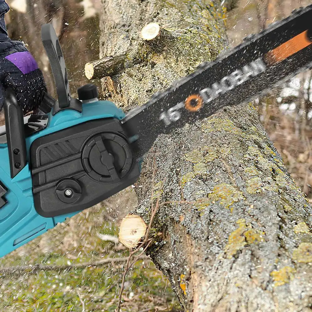 3500W 16 inch cordless chainsaw blade detail, sharp black blade with logo