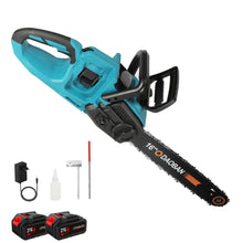 3500W 16 inch cordless chainsaw front view, battery pack and safety guard
