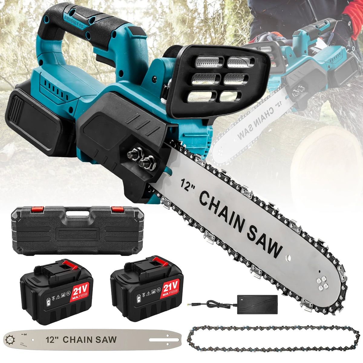 3500W 16 inch cordless chainsaw front view, blue-black with high RPM motor