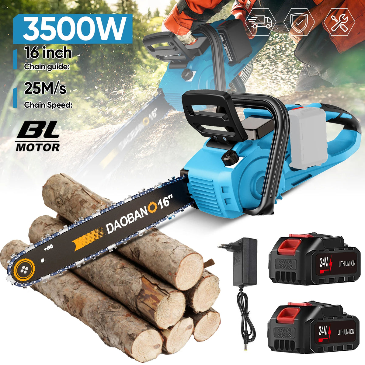 3500W 16 inch cordless chainsaw lifestyle shot, blue-black with battery included