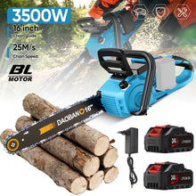 3500W 16 inch cordless chainsaw lifestyle shot, blue-black with battery included