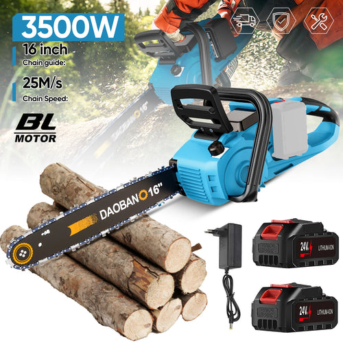 3500W 16 inch cordless chainsaw lifestyle shot, blue-black with battery included
