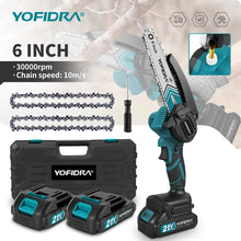 Yofidra cordless chainsaw kit packaging, black and turquoise, 6-inch blade, two batteries