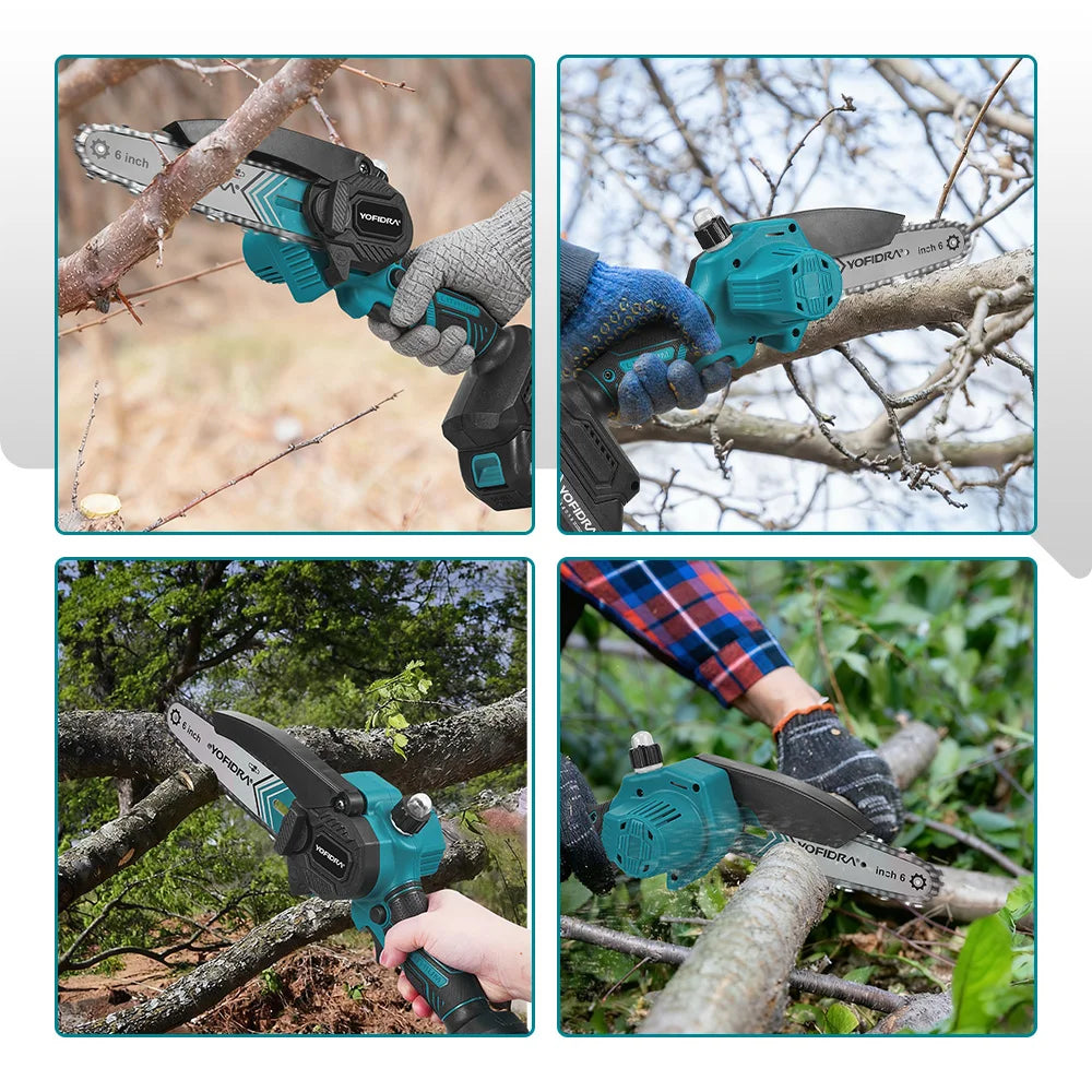 Yofidra chainsaw use collage, multiple angles in black and blue