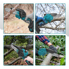 Yofidra chainsaw use collage, multiple angles in black and blue