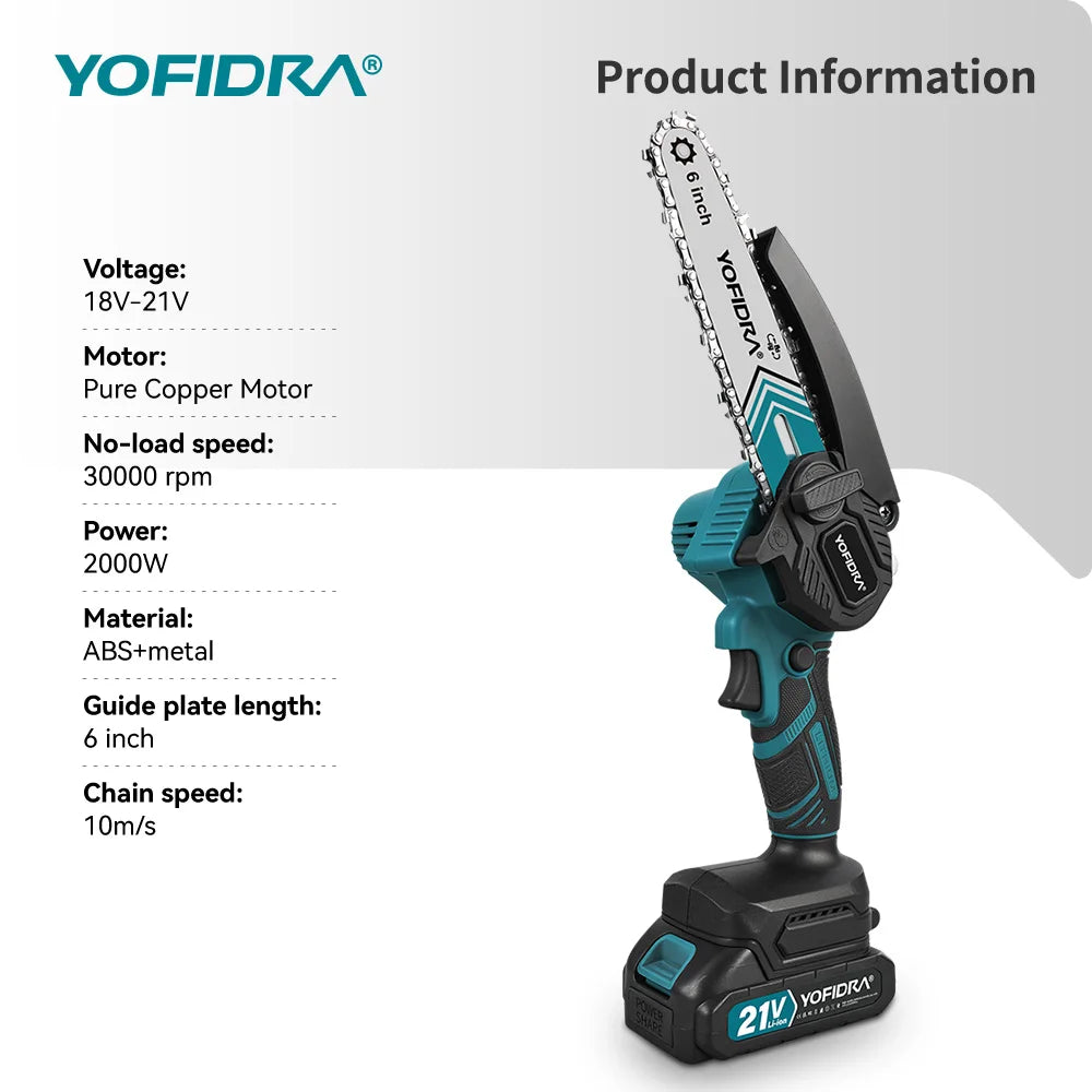 Yofidra chainsaw specifications detail on white, turquoise and voltage info