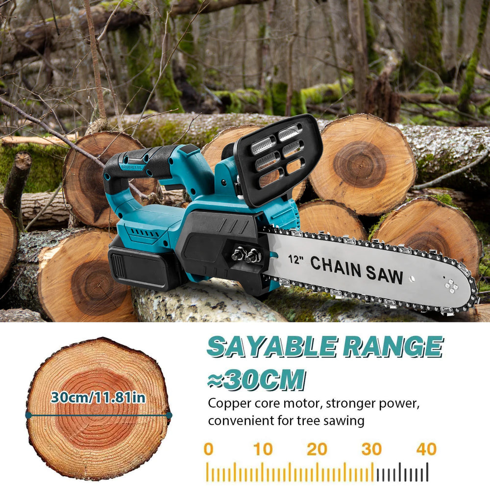 GECOFEER cordless chainsaw in use cutting logs lifestyle scene