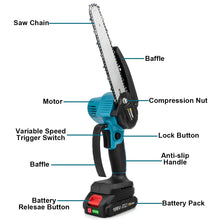 Gisam cordless electric saw blade and trigger handle detail, black blue silver