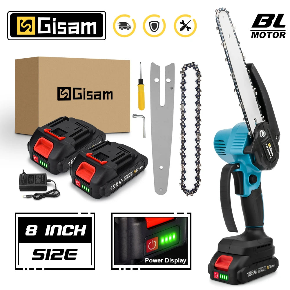 Gisam cordless chainsaw kit packaging, black blue red box with 8-inch blade