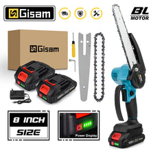 Gisam cordless chainsaw kit packaging, black blue red box with 8-inch blade
