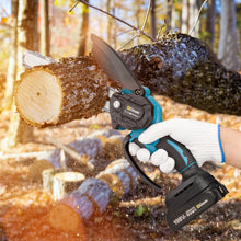 Gisam cordless chainsaw in use, cutting wood outdoors in black and blue