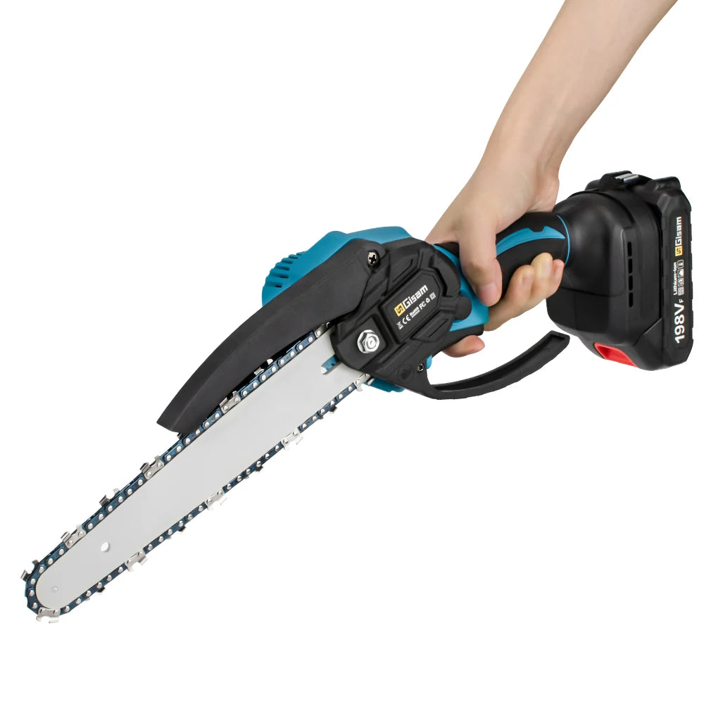 Gisam handheld chainsaw side view, ergonomic handle in black and blue