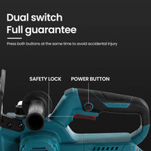 12-inch brushless cordless chainsaw components detail, safety switch and buttons