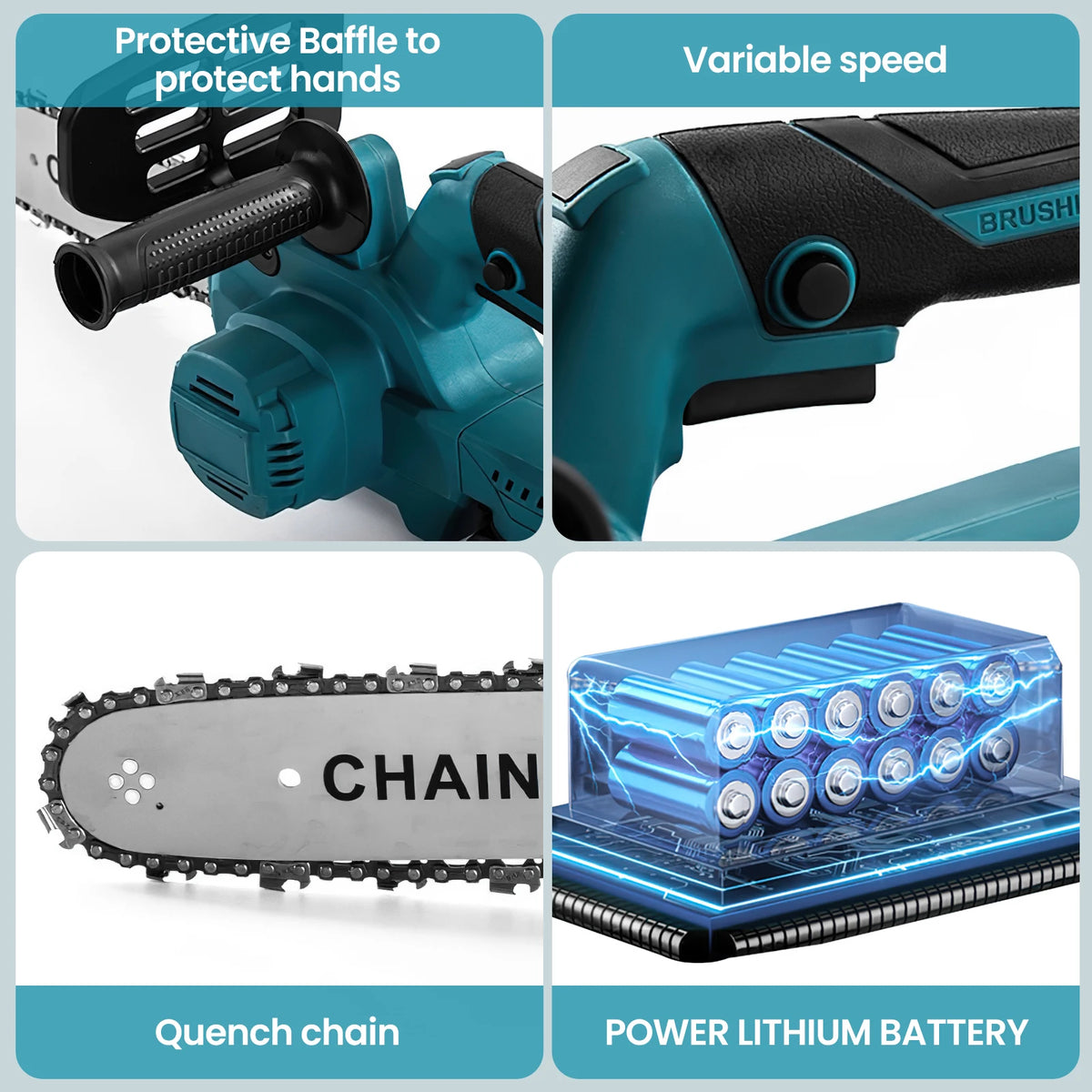 12-inch brushless cordless chainsaw detail, black and blue with chain brake