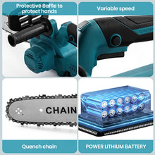 12-inch brushless cordless chainsaw detail, black and blue with chain brake