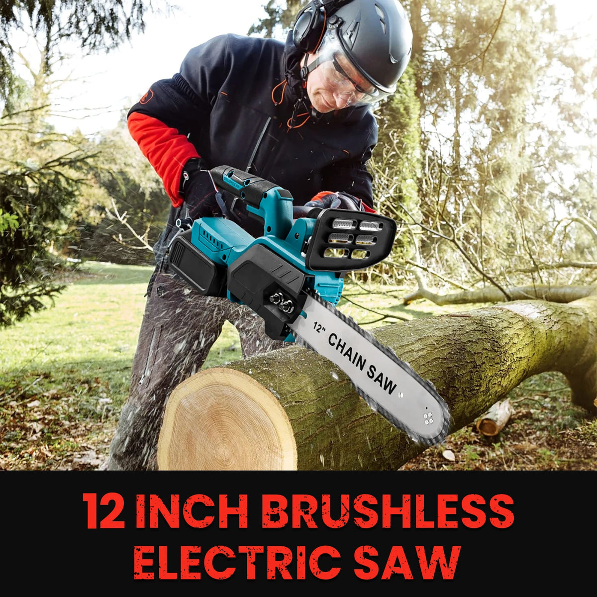 12-inch brushless cordless chainsaw lifestyle, blue and black outdoors