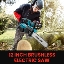 12-inch brushless cordless chainsaw lifestyle, blue and black outdoors