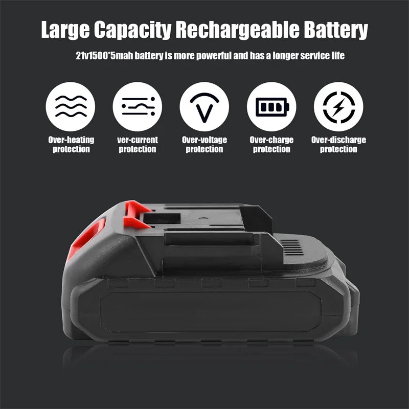 Battery pack close-up with LED indicator, rechargeable packs in black and red