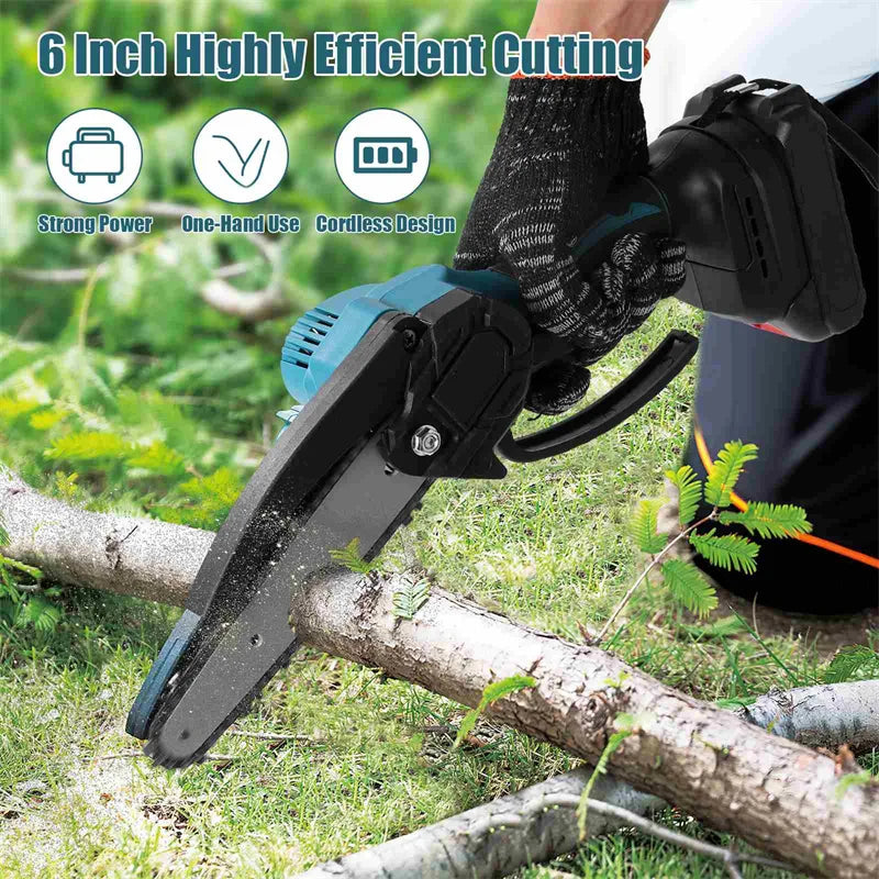 Mini electric chainsaw in use, ergonomic handheld cutting branches with safety gloves