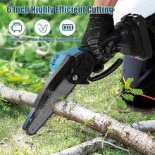 Mini electric chainsaw in use, ergonomic handheld cutting branches with safety gloves