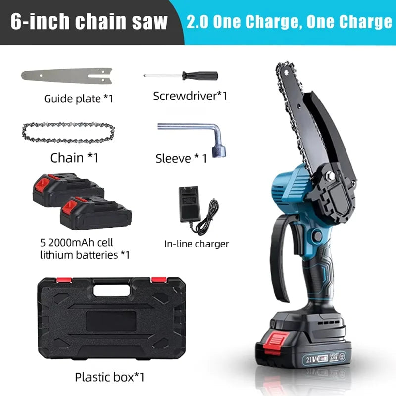 Mini electric chainsaw cutting logs, blue and black, multiple angles