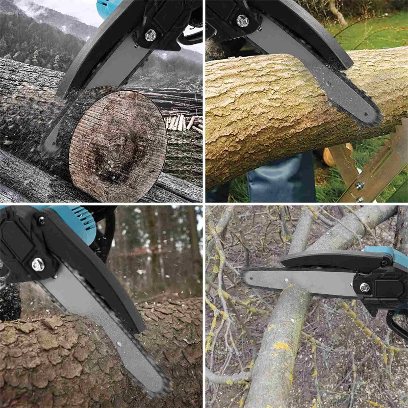 Handheld mini chainsaw lifestyle shot cutting a branch in natural outdoor setting