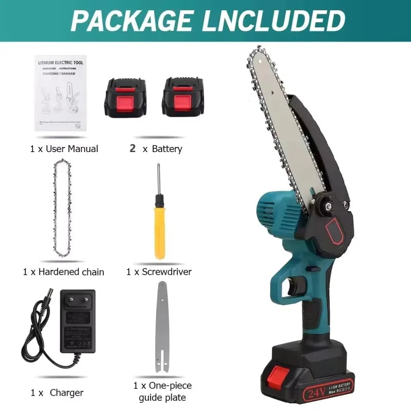 Chainsaw kit packaging with batteries, safety gloves and charger, blue and red