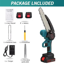 Chainsaw kit packaging with batteries, safety gloves and charger, blue and red