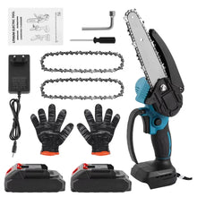 Chainsaw kit packaging with two batteries, safety gloves and charger, blue and red
