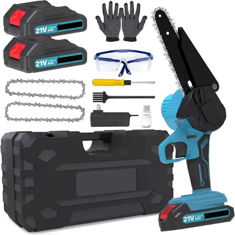 Chainsaw kit packaging showing two batteries, safety gloves and charger, blue and red
