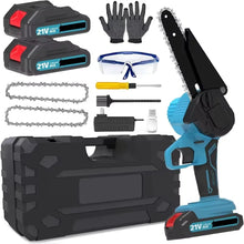 Chainsaw kit packaging showing two batteries, safety gloves and charger, blue and red