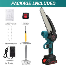 Chainsaw kit packaging with two batteries, safety gloves and charger, blue and red