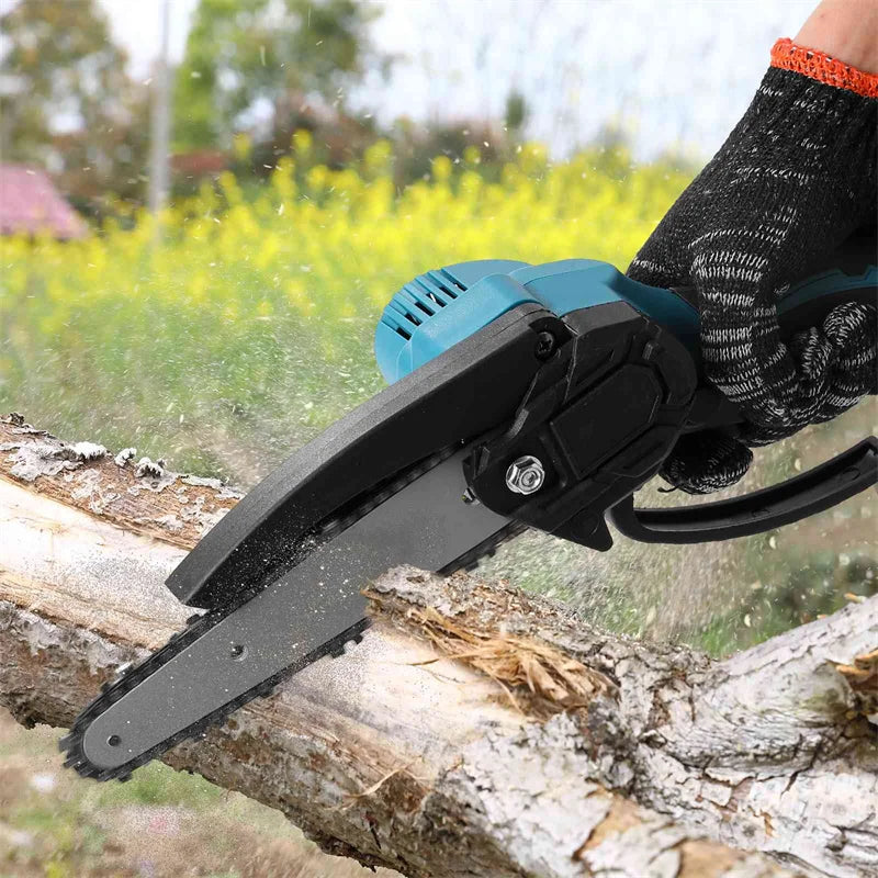 Chainsaw kit packaging showing multiple attachments and storage case in blue black red