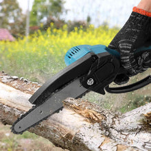 Chainsaw kit packaging showing multiple attachments and storage case in blue black red