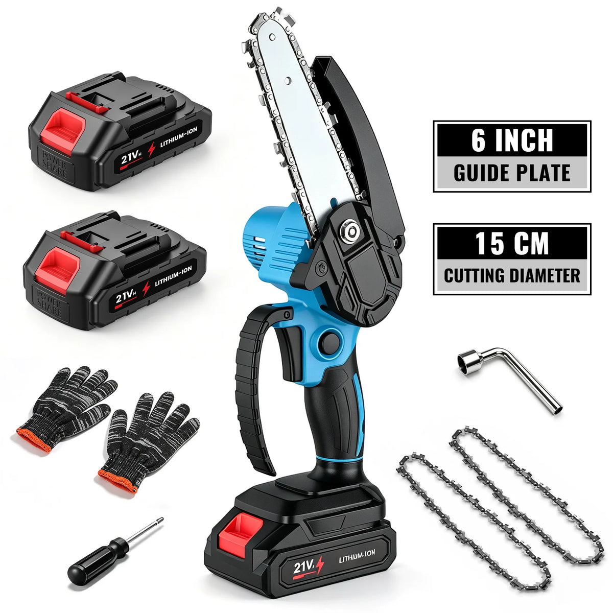 Mini chainsaw lifestyle shot with two batteries, black blue red kit on white background