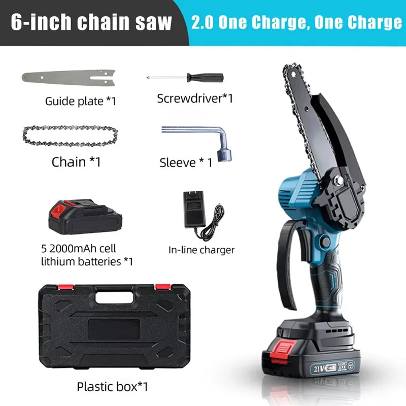 Lifestyle setup of mini chainsaw kit with attachments and user manual, blue and black