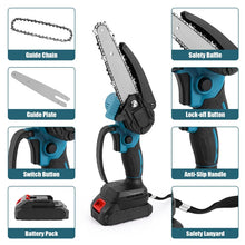 Electric mini chainsaw detail with safety guard and ergonomic handle in blue and black