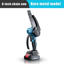 Side view of compact mini chainsaw, blue and black, ergonomic handle