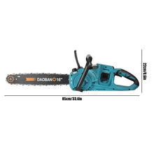 Side view of blue and black cordless chainsaw with ergonomic handle