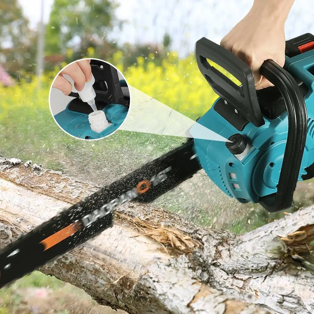Close-up safety switch and ergonomic handle on blue and black chainsaw