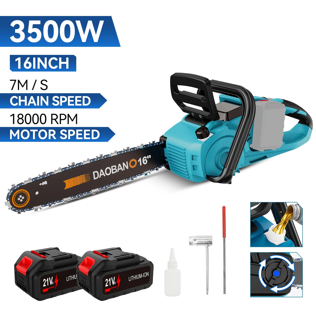 Packaging of 3500W cordless chainsaw kit with two batteries included